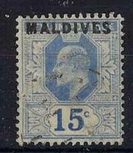 MALEDIVEN INSELN SG5 1906 15c BLUE OVPT ON CEYLON GEBRAUCHT - Bild 1 von 1
