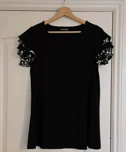 Nina Leonard Short Print and Solid Tiered Sleeve Jersey Top, Black Multi, Size M - Picture 1 of 4