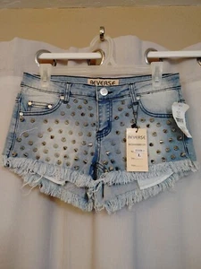 Reverse Studded Jean Shorts Blue Denim Cut Offs Stretch Women's Size LARGE - Picture 1 of 9