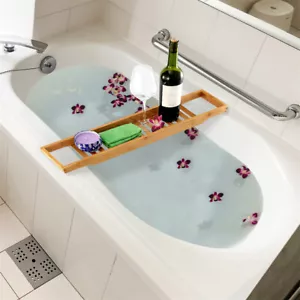 Bathroom Bamboo Bath Caddy Wine Glass Holder Table Tray Over Bathtub Rack Shelf - Picture 1 of 11