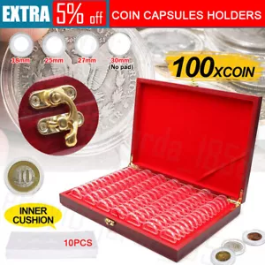 100PCS Coin Capsules Holder Red Wooden Storage Box Display Container Case 30MM - Picture 1 of 12