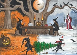ACEO print OF PAINTING RYTA KRAMPUS SALEM BLACK CAT WITCH Xmas Art Halloween 🎃 - Picture 1 of 1