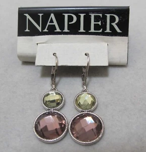 NAPIER Silver Tone Lt Green & Taupe Faceted Acrylic Leverback Earrings NOC - Picture 1 of 16