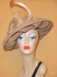 Over the Top Mushroom Brown Wide Brim Church Hat w/ Feather by Moshita Couture - Picture 1 of 10