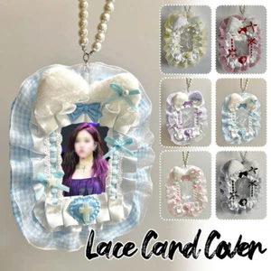 Adorable Fluffy Card Holder with Pearl Chain Ruffled Edge Bowknot Photocard Case - Picture 1 of 13