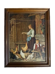 Albert Anker The Poultry Yard Framed Print Vintage Chicken Woman Boy Child Farm - Picture 1 of 9