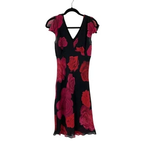 Vintage Y2K Midi Dress Womens Sz Small Black Red Pink Rose Print Flutter Sleeve - Picture 1 of 4