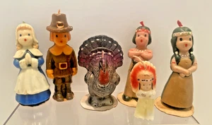 6 GURLEY THANKSGIVING CANDLES 2 Pilgrims, 3 Native Americans & A TURKEY 1950's - Picture 1 of 11