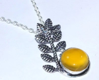 Leaves 黄色玛瑙 925 镀银圆形项链 17 英寸制作精良礼品 GW — 第 1/3 张图片