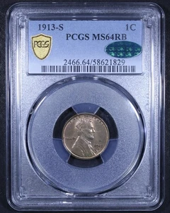 1913-S Lincoln Wheat Cent - 1c PCGS MS64 RB CAC ✅ - Red Brown - PCGS Gold Shield - Picture 1 of 4