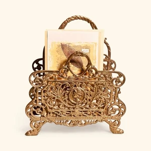 Portacartas de latón filigrana vintage/estante de correo para revistas/organizador de escritorio - Imagen 1 de 16