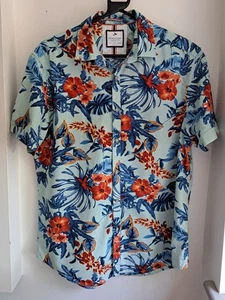 Camisa Hawaiana Tropical Azul Denim y Flor Vintage 44"-112cm M (326RL) - Imagen 1 de 3