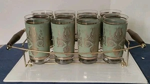 MCM 1960 Jeanette Glass - Laurel & Lyre 8 Pc. Glass Set W/ Holder - Green & Gold - Picture 1 of 16