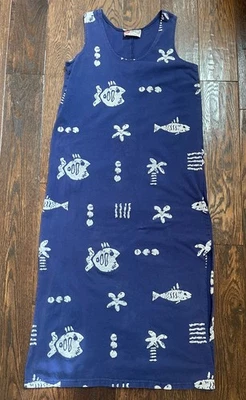 VTG Hilo Hattie hawaii Sleeveless long Cotton M Maxi Dress blue fish print vacay - Image 1 of 4