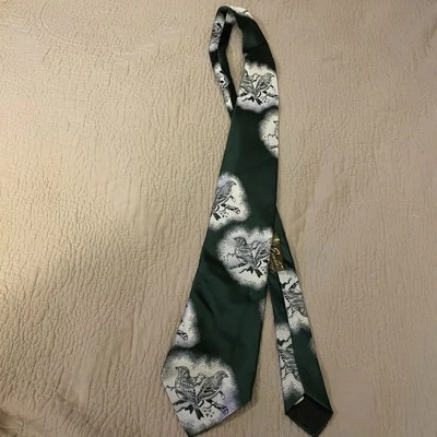 Vintage 1960s Lilly Dache Men’s Neck Tie Dark Green Birds Finches - Image 1 of 4