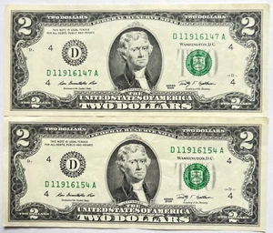 2009 $2 Federal Reserve Notes~D11916147A & D11916154A~ Lightly Circulated #14039 - Picture 1 of 6