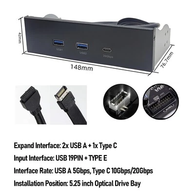 Neu USB Front Panel Hub GEN2x2 USB A TYPE C 3 Ports 5 25 Zoll 19 Pin 20Gbps Opt - Bild 1 von 4