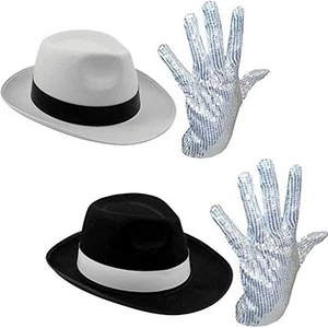 HOMBRE SEÑORA MICHAEL JACKSON PLATA LENTEJUELAS GUANTE AL CAPONE SOMBRERO 70 AÑOS 80 ELEGANTE VESTIDO - Imagen 1 de 1