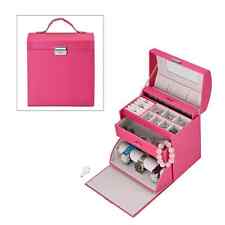 Pink Faux Leather Multifunctional 3 Layer Jewelry Box with Lock Handle