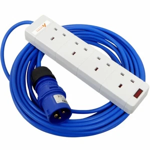 Camping Electric Hook Up Lead 4 Way Socket Extension 16A 240v - 5m 10m 15m 20m - Picture 1 of 5