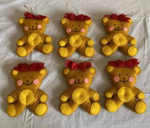 Felt Teddy Bear Christmas Ornament Set Of 6 Gold w/ Red Bow 5” - Picture 1 of 3