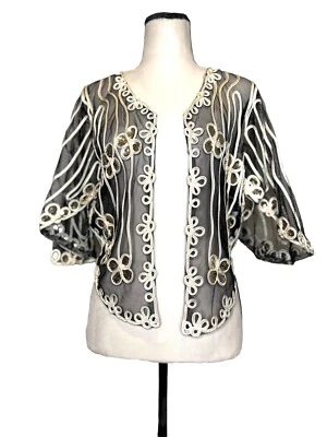 Cárdigan Simply Couture Negro Malla Dorado Lentejuelas Mangas Acampanadas Frente Abierto S Foto 1 de 4