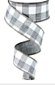 Gray White Buffalo Plaid 1.5" by 2 yd Wired Ribbon Farmhouse Country Summer - Picture 1 of 2