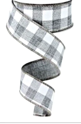 Gray White Buffalo Plaid 1.5" by 2 yd Wired Ribbon Farmhouse Country Summer - Image 1 of 2