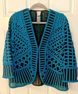 Chico's Travelers Petite TEAL Moroccan Geometric Strip Jacket size 2P (12/14) - Picture 1 of 6