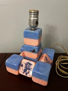 Vintage MCM Baby Lamp Music Box Pink Blue Stacked Blocks Farm Animals Works - Picture 1 of 13