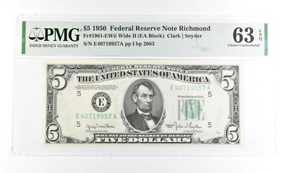 PMG 63 Choice Unc EPQ 1950 $5 Richmond, VA US FRN Green Seal Fr#1961-EWii *1021 - Image 1 of 3
