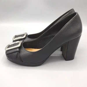 Fossil Women's 7 Pumps Wood Block Heel Silver Buckle Black - Picture 1 of 13