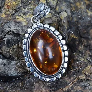 Ambra Baltica Gemma Artigianale Etnico Argento Ciondolo Gioielli 2.0 " PSLS548 - Foto 1 di 3