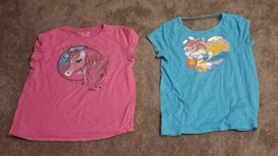 TWO The Children's Place PINK Unicorn BLUE Girl's Short Sleeve Shirt XXL/TTG 16 - Image 1 of 4