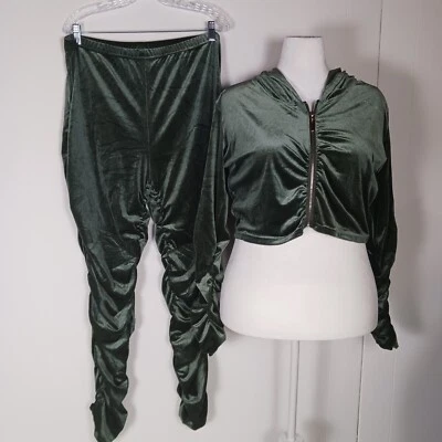 Moletom com capuz e calça Capella feminina plus 2XL 2 peças veludo verde franzido novo com etiquetas - Imagem 1 de 4