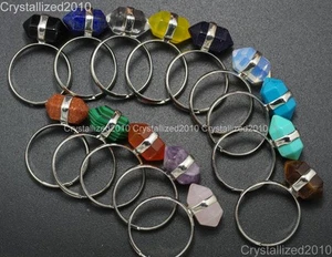 Natural Gemstone Hexagon Prism Healing Reiki Chakra Beads Silver Adjustable Ring - Picture 1 of 27