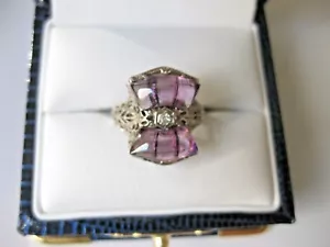 ANTIGUO ANILLO DE FILIGRANA DE ORO BLANCO 14K con AMATISTAS NATURALES Y DIAMANTES, DECO - Imagen 1 de 5