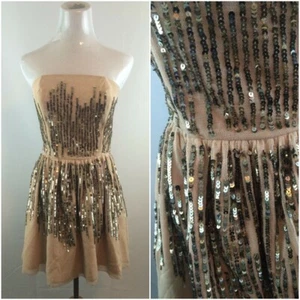 NWT TOPSHOP Beige/Nude Gold Sequin Mesh Tulle Embellished Dress Womens sz 6 - Picture 1 of 8