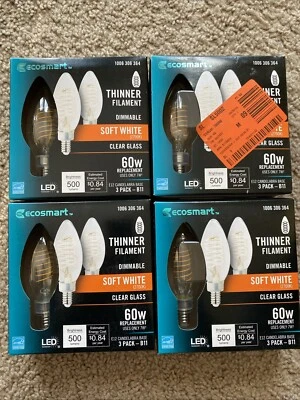 4X EcoSmart 3pk 60W LED Bulb B11 Dimmable E12 Thinner Filament Soft White 2700K - Image 1 of 4