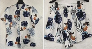 Camisa y Pantalones Cortos Shein Para Mujer Hawaianos Abotonados Grandes Azul y Blanco Playa Verano - Imagen 1 de 18