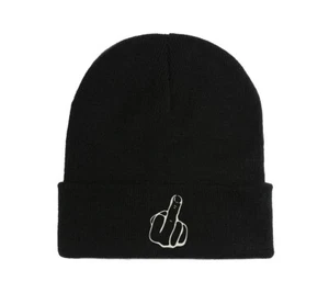 Middle Finger Sign Funny Embroidered Beanie Hat Winter Autumn Cap Soft Warm - Picture 1 of 3
