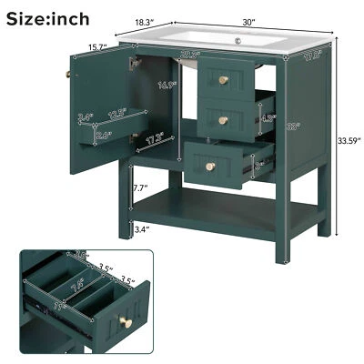 Tocador de baño de 30" con lavabo, tocador independiente, estante abierto, 2 cajones Foto 1 de 4