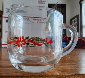 Poinsettias & Ribbons Creamer Pitcher(s) 10 oz Tienshan Glass Libbey Red Green ! - Picture 1 of 13