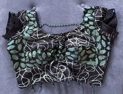 Blusa corta SAREE hecha a mano firmada lentejuelas verdes con cuentas terciopelo Bollywood mediana Foto 1 de 4