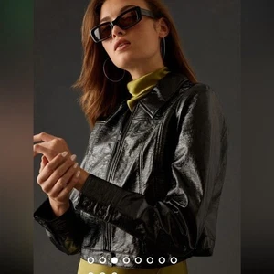 Chaqueta corta de moto MAEVE By Anthropologie de cuero sintético arrugado para mujer 1X negra - Imagen 1 de 7