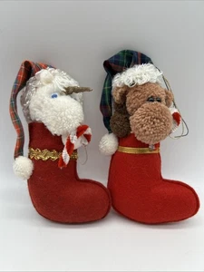Set Of 2 Handmade Christmas Ornament Unicorn Moose In Stockings - Picture 1 of 14