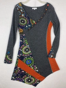 Vestido Soho Chick Boho Gris/Multi Estampado Geométrico Dobladillo Asimétrico Manga Larga Talla M - Imagen 1 de 8