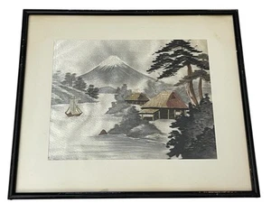 SILK EMBROIDERY TAPESTRY MOUNT FUJI JAPAN VTG LANDSCAPE SILVER FIBER ART TEXTILE - Picture 1 of 20