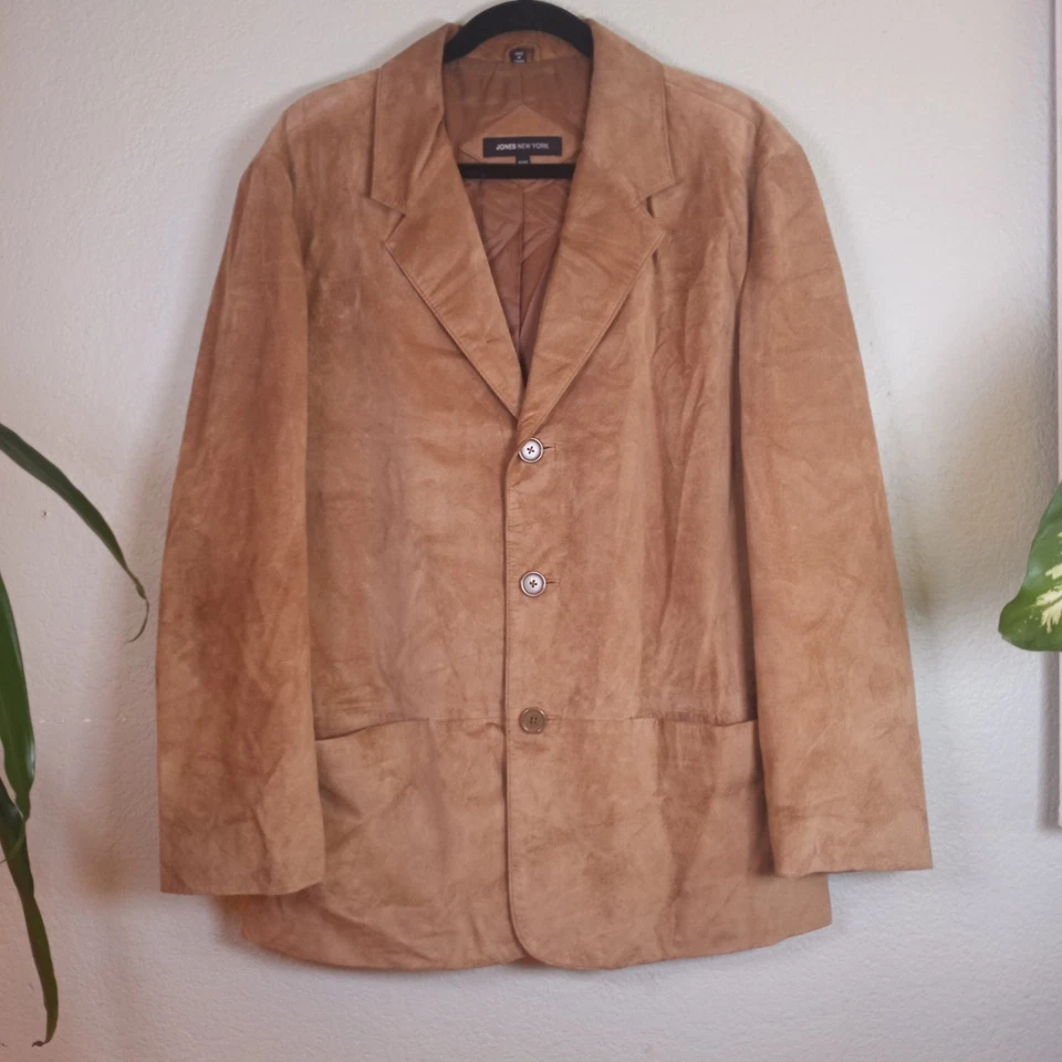 Jones New York Blazer Men 40S Camel Brown Leather Suede City Coat Jacket Outdoor - Image 1 of 4