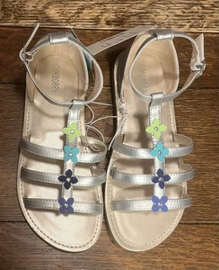 Gymboree Girls Silver Sandals w/ Blue, Turquoise & Green Flowers | Sz 2 | NEW - Picture 1 of 9